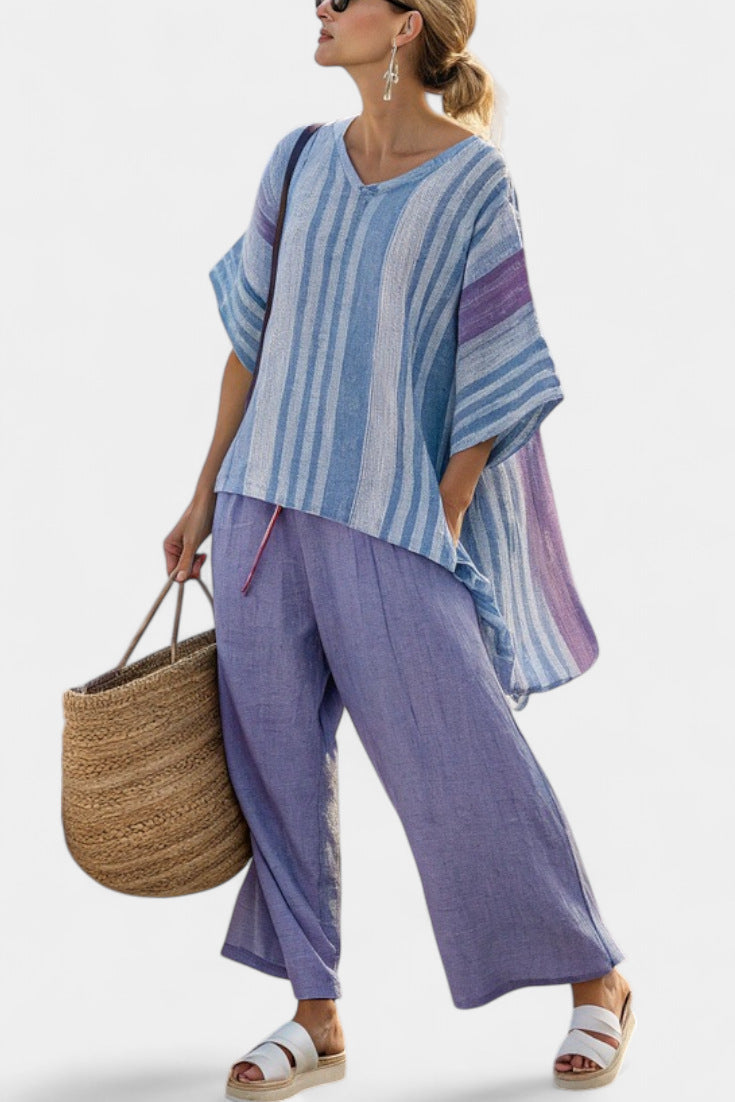 Women European Boho Striped Plus Size Loose Kaftan Beach Vacation Set