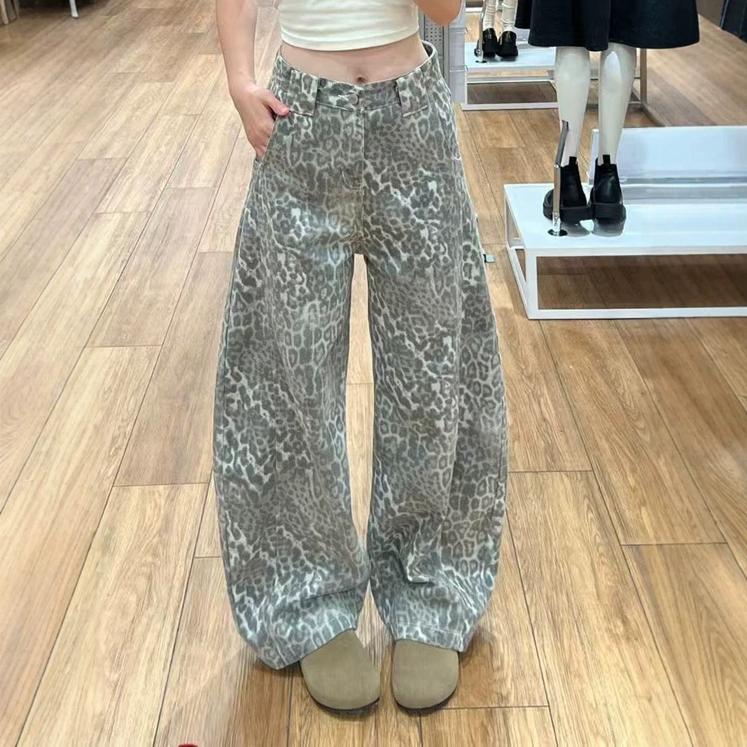 Vintage Leopard Print Wide Leg Denim Jeans Loose Floor Curved Pants