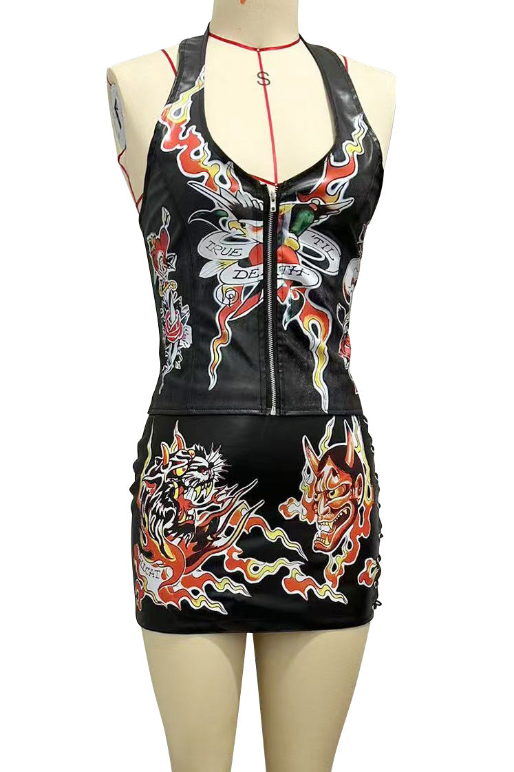 Ed Hardy Tattoo Print PU Leather Zip Cami Top Mini Skirt 2 Piece Set Women