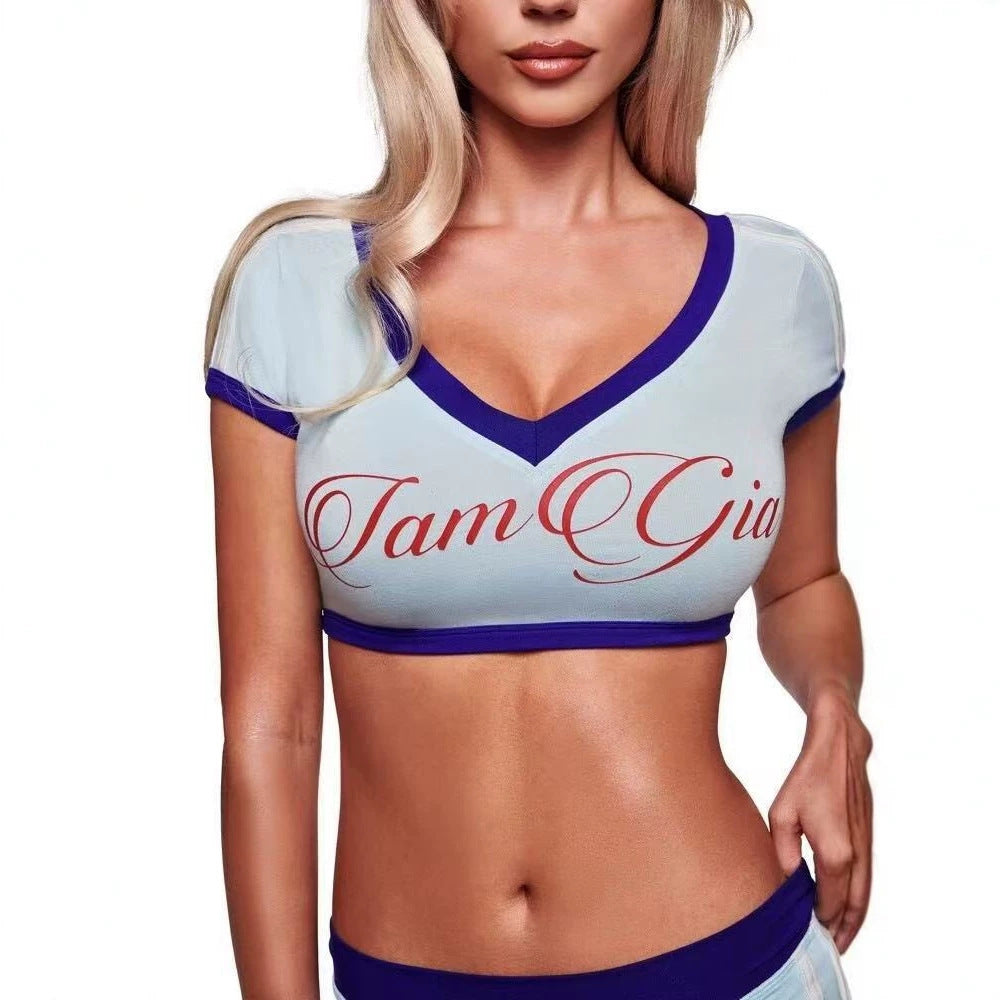 I.AM.GIA Contrast Trim V Neck Crop Top Mini Skirt 2 Piece Set Women