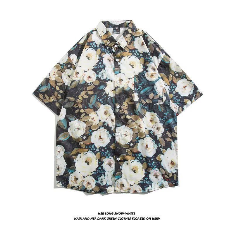 Mens Vintage Cartoon Tropical Print Short Sleeve Beach Shirt