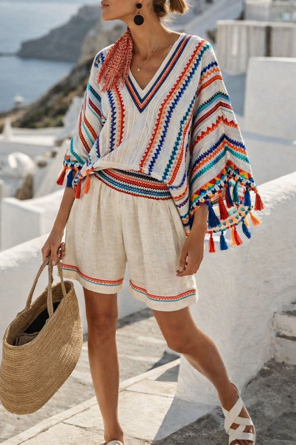 Women Boho Striped V Neck Batwing Loose Beach Short Two Piece Set