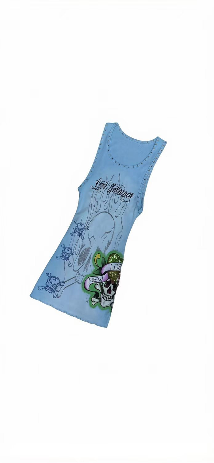 Lost Intricacy Graphic Rivet Tank Bodycon Mini Dress Women