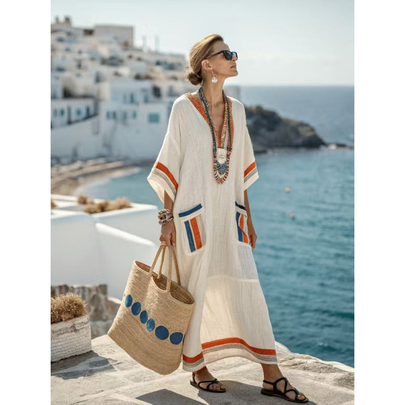 Women Boho Striped Embroidery V Neck Loose Kaftan Maxi Beach Dress