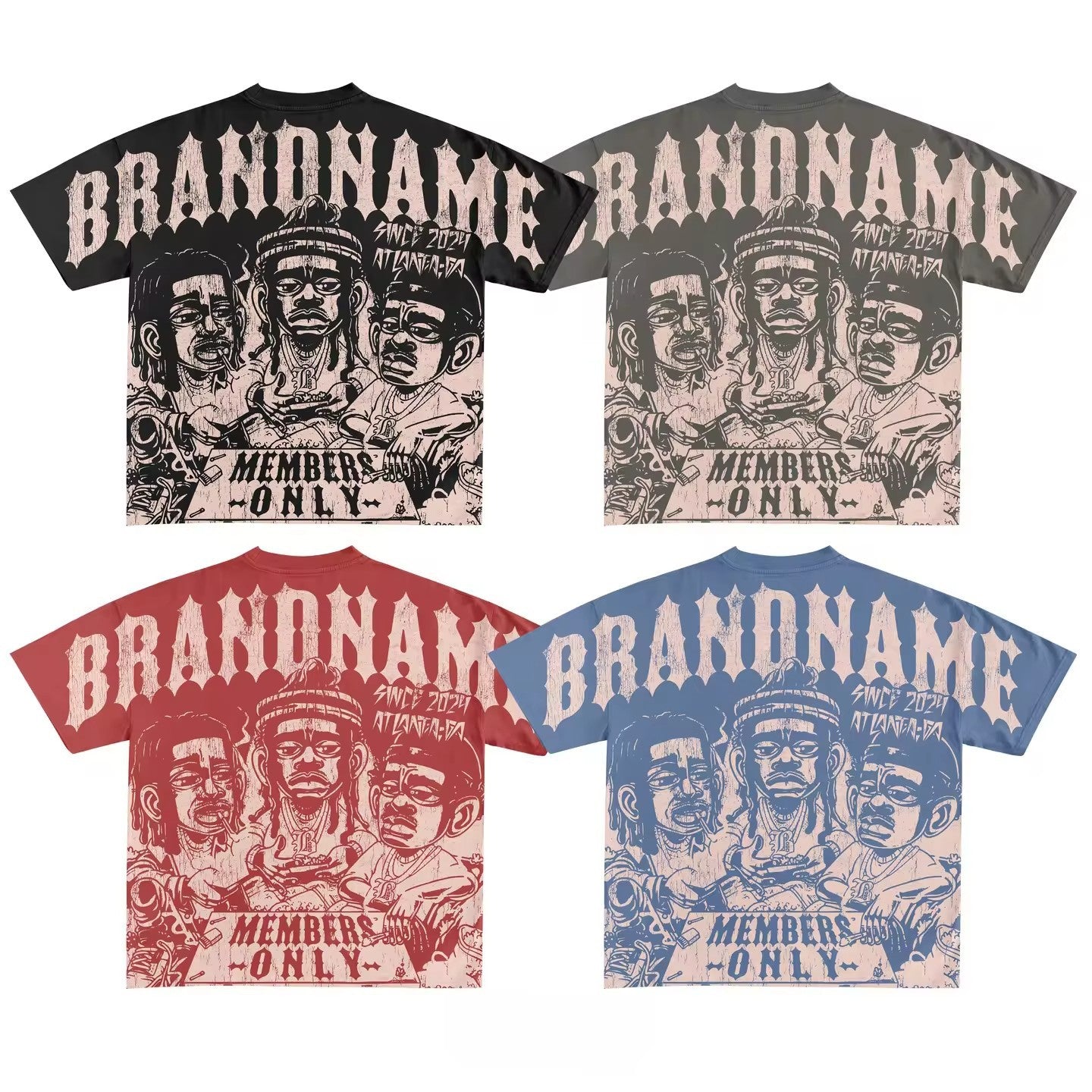 Y2K Hip-Hop Cartoon Portrait Oversized Vintage Baumwoll-T-Shirt im Members-Only-Stil