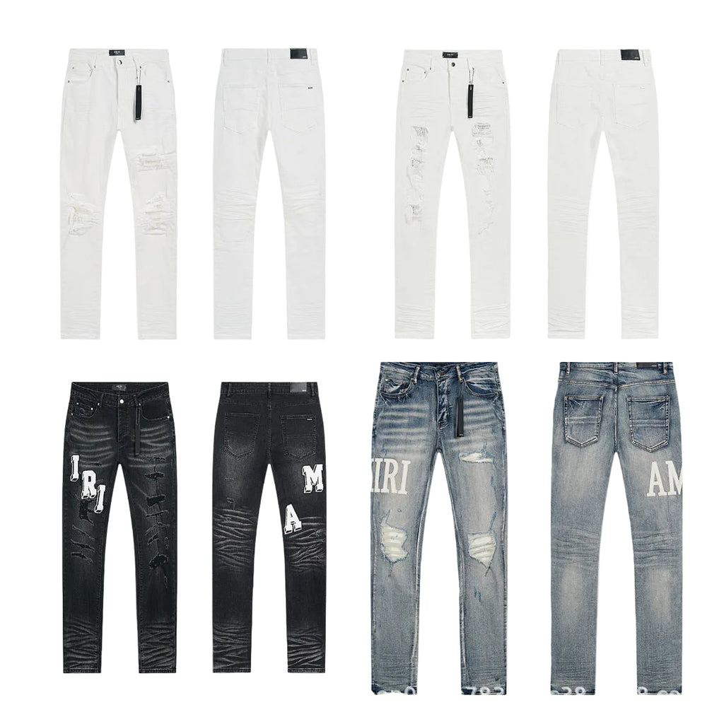 Amiri Letter Patch Distressed Patchwork Stretch Slim Tapered Jeans