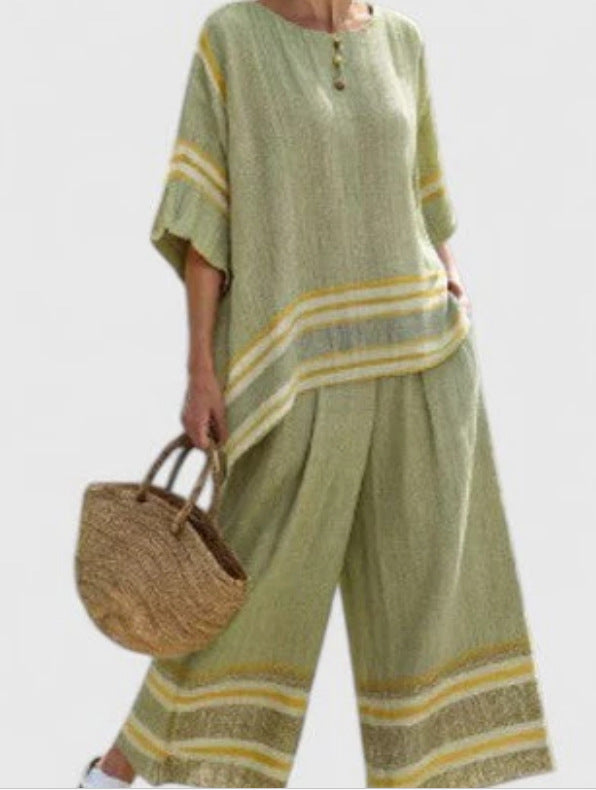 Women Boho Gradient Print Round Neck Batwing Loose Beach Two Piece Set
