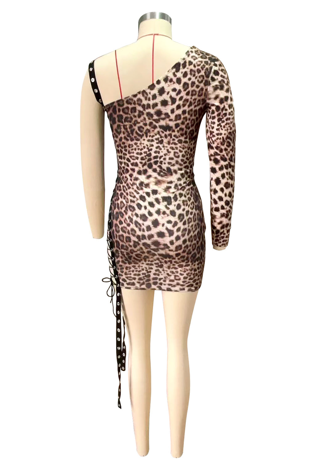 Leopard Print One Shoulder Lace Up Bodycon Mini Dress Women Club