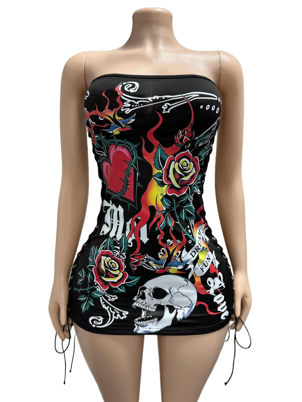 Skull Rose Graphic Print Strapless Side Lace Up Bodycon Mini Dress Women