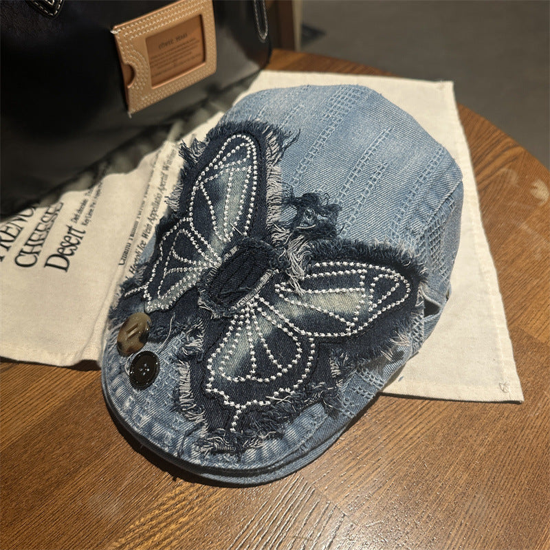 Y2K Rhinestone Butterfly Distressed Denim Newsboy Cap Streetwear Beret