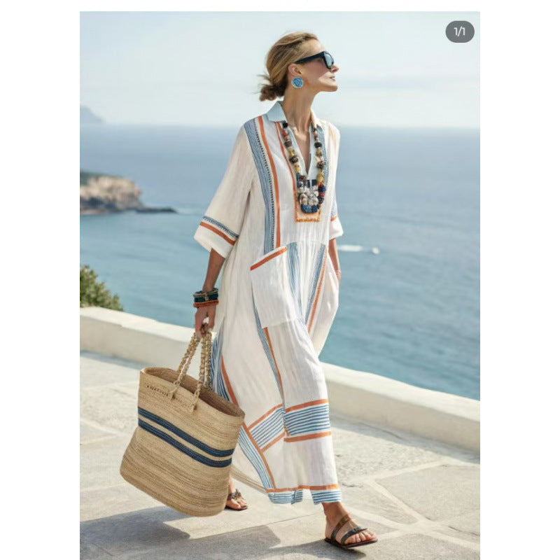 Women Boho Striped Embroidery V Neck Loose Kaftan Maxi Beach Dress
