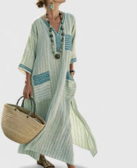 Women Boho Striped Embroidery V Neck Loose Kaftan Maxi Beach Dress