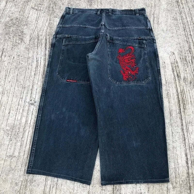JNCO Style Y2K Bestickte Baggy Wide Leg Denim Jeans Unisex Streetwear Hose