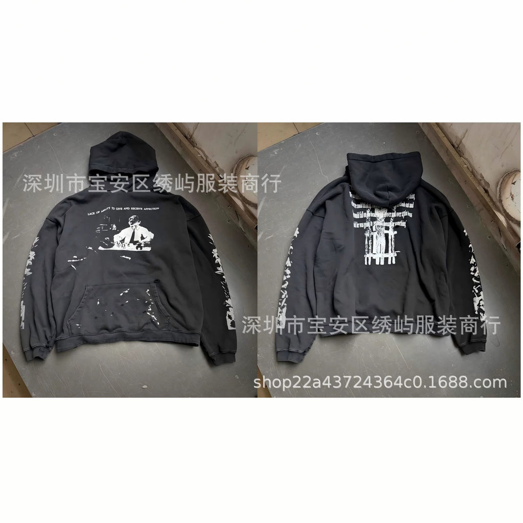 ERD Distressed Photo Letter Print Hoodie Vintage Cotton Pullover