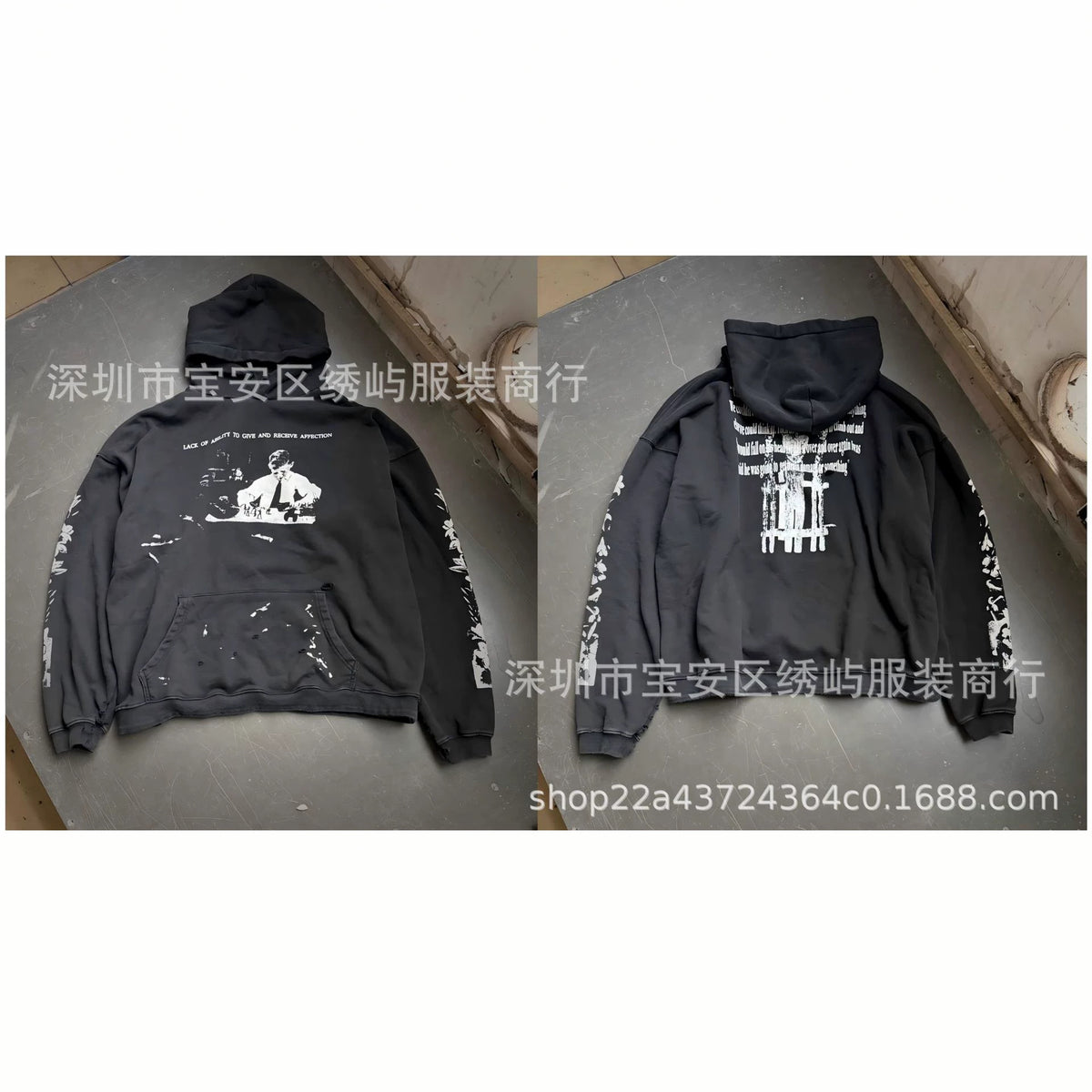 ERD Distressed Photo Letter Print Hoodie Vintage Cotton Pullover