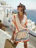 Women Boho Vertical Striped Linen V Neck Loose Kaftan Beach Vacation Set