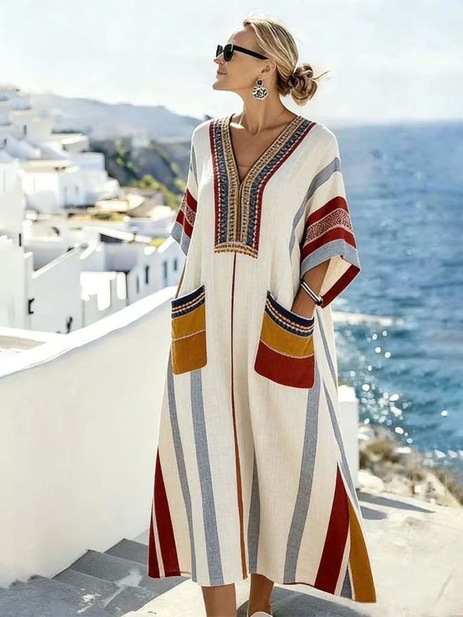 Women Boho V Neck Patch Pocket Print Loose Kaftan Maxi Beach Dress