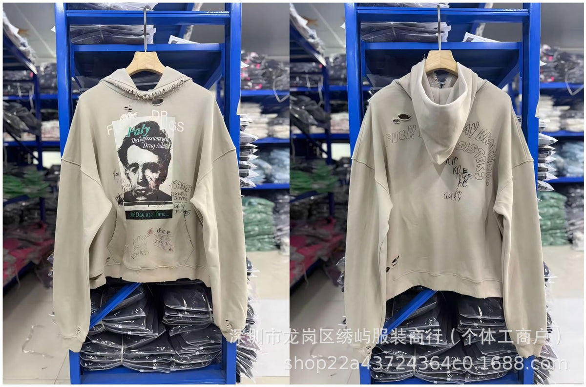 Paly Hollywood Cartoon Letter Hoodie Vintage Wash Graphic Streetwear