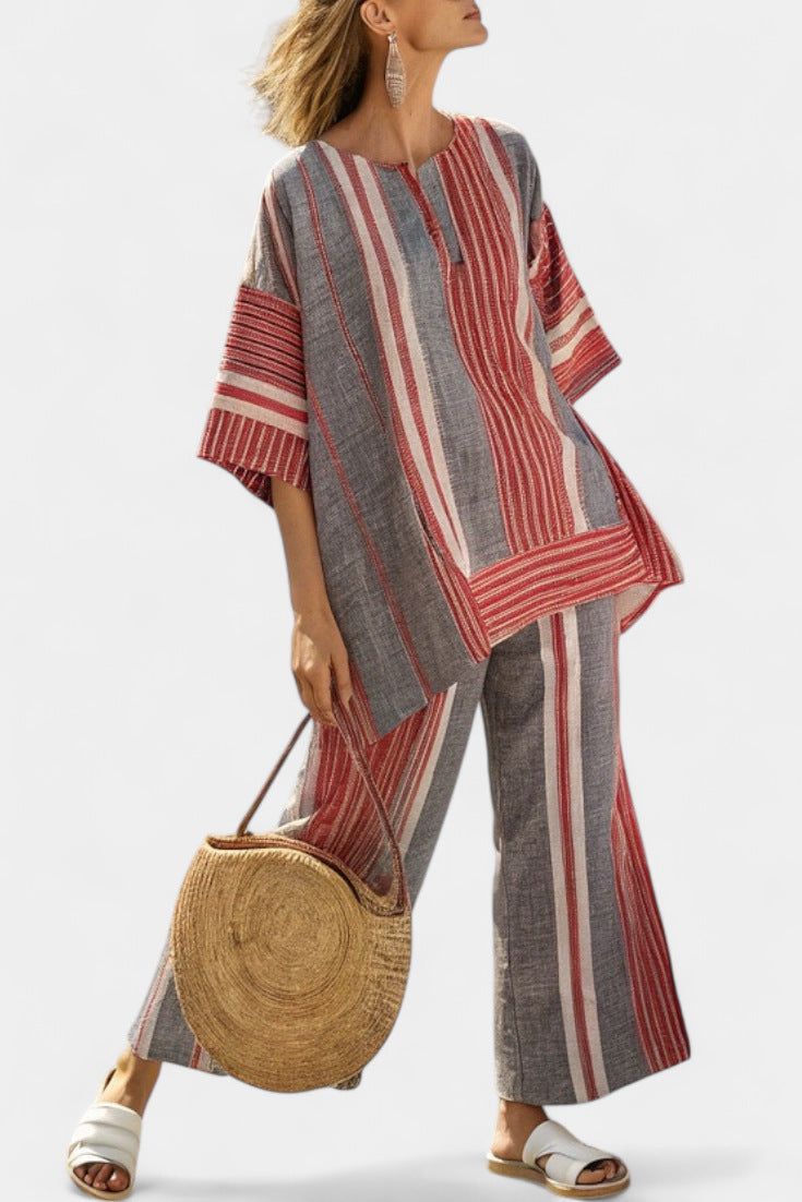 Women European Boho Striped Plus Size Loose Kaftan Beach Vacation Set