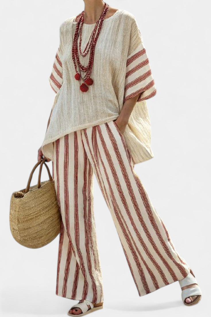 Women European Boho Striped Plus Size Loose Kaftan Beach Vacation Set