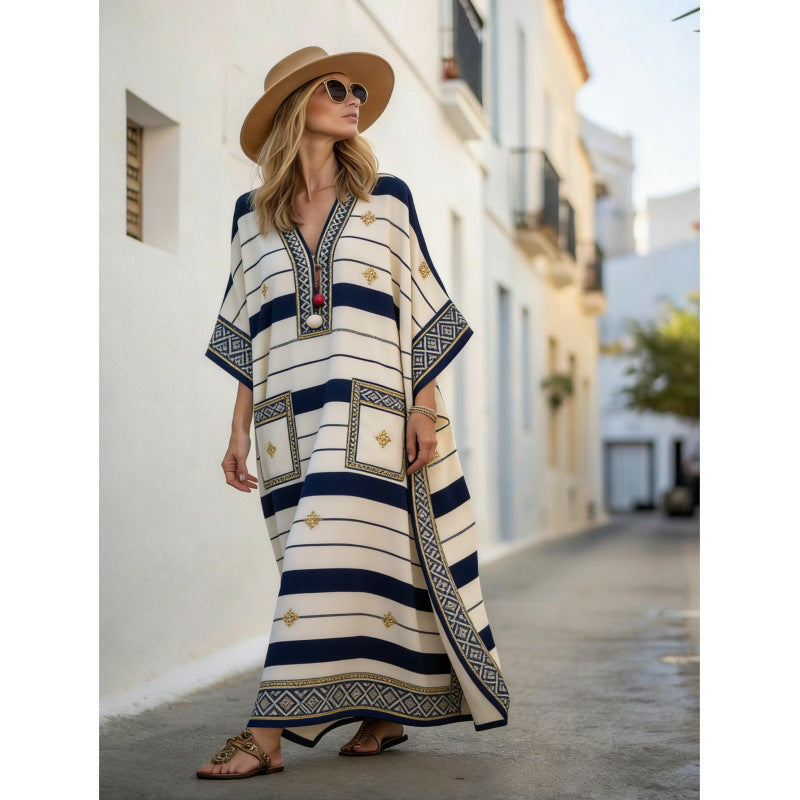 Women Boho Striped V Neck Open Front Loose Kaftan Maxi Beach Dress