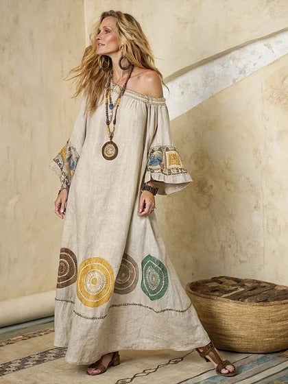 Women Boho Diagonal Striped Off Shoulder Loose Kaftan Maxi Beach Dress