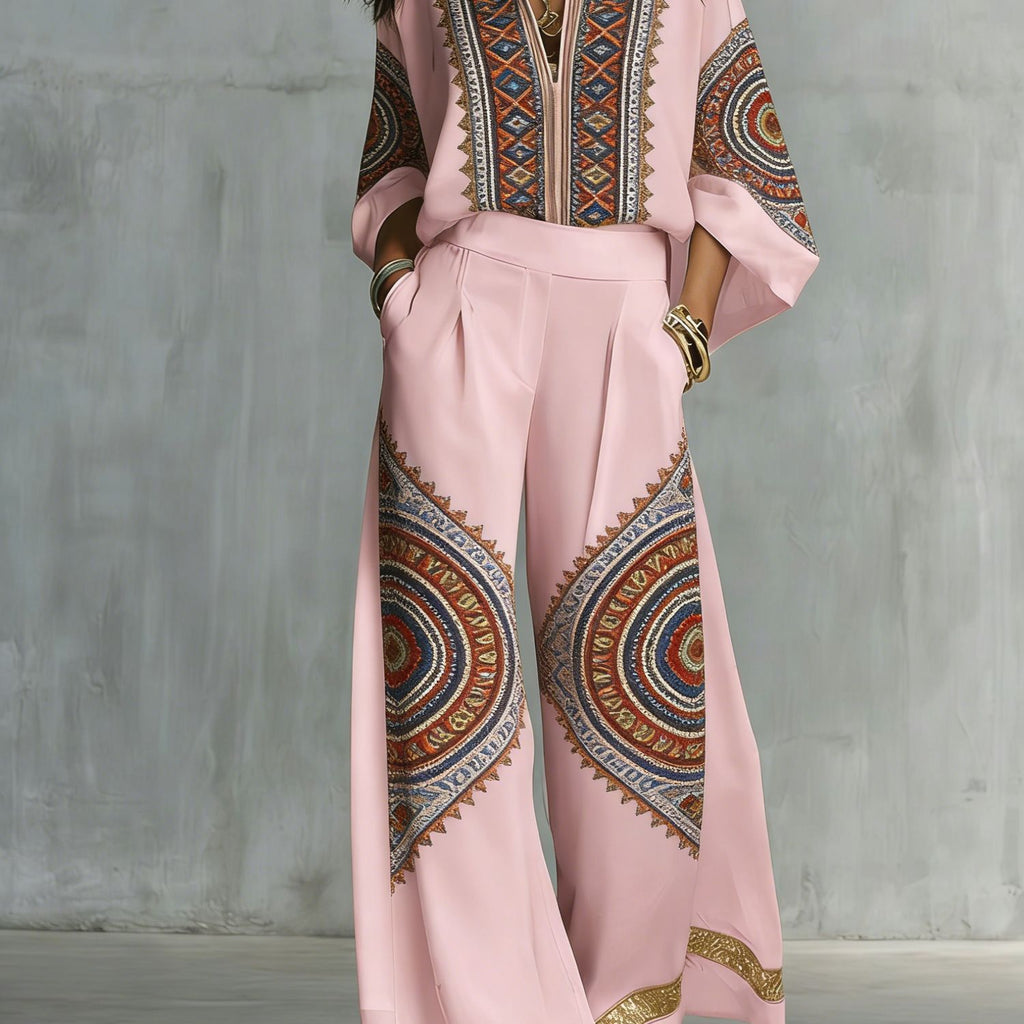 Boho Floral Wide Leg Beach Two Piece Pant Set