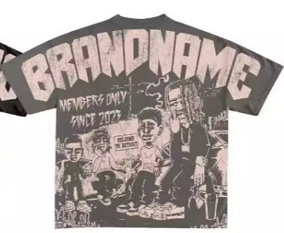 Y2K Hip-Hop Cartoon Portrait Oversized Vintage Baumwoll-T-Shirt im Members-Only-Stil