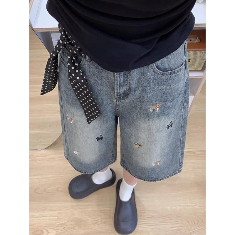 Dog Embroidered Wide Leg Denim Capri Pants Women Loose Cropped Jorts
