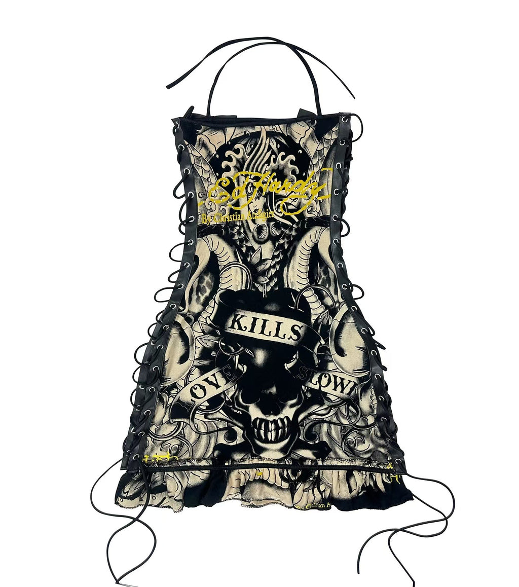 Vintage Skull Print Lace Up Cami Mini Dress Halloween