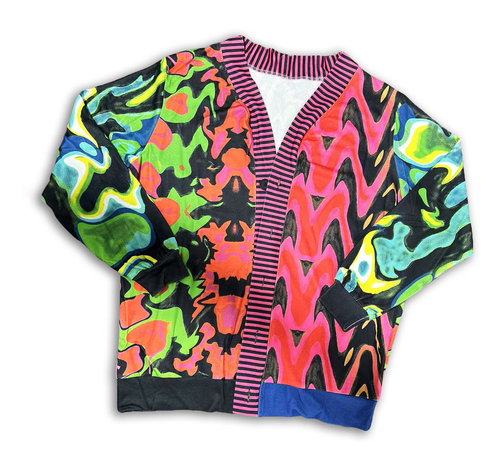 Colorful Abstract Print Knit Cardigan Women Long Sleeve Sweater Coat