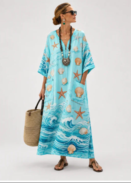Women Boho V Neck Patch Pocket Print Loose Kaftan Maxi Beach Dress