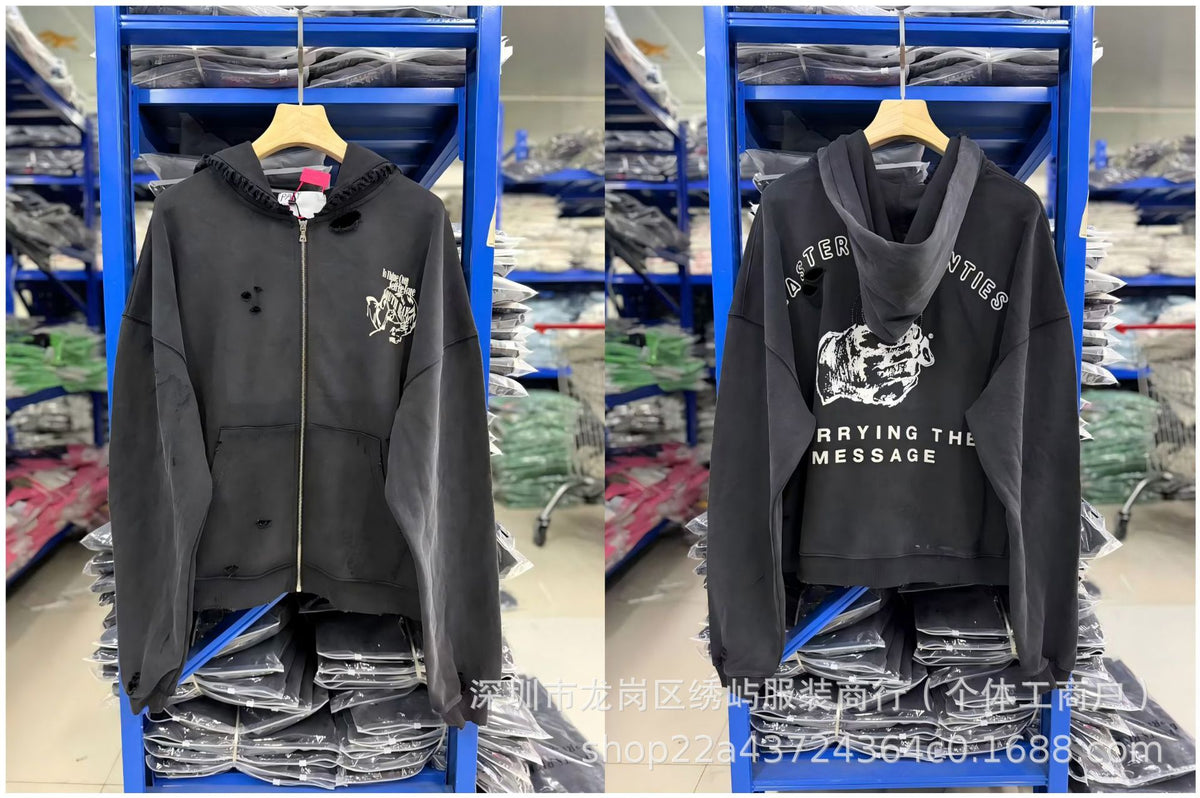 Paly Hollywood Cartoon Letter Hoodie Vintage Wash Graphic Streetwear