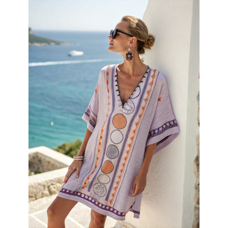 Women Boho Striped V Neck Loose Kaftan Midi Beach Dress