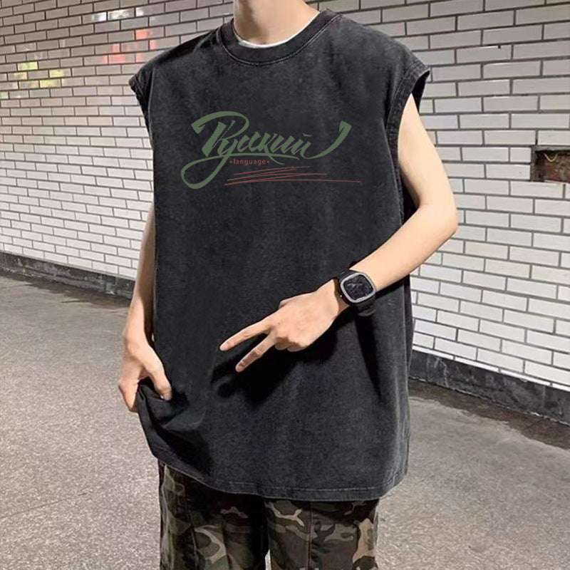 Vintage Washed Graphic Tank Top Mens Loose Hip Hop Sleeveless Vest