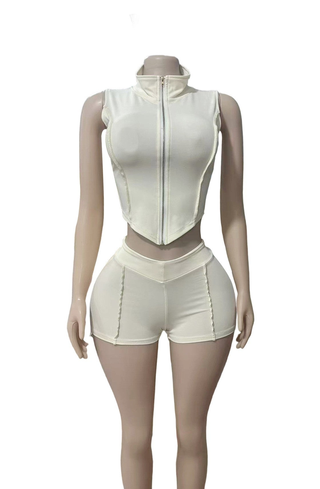 Solid Zip Front Sleeveless Crop Tank Biker Shorts 2 Piece Set