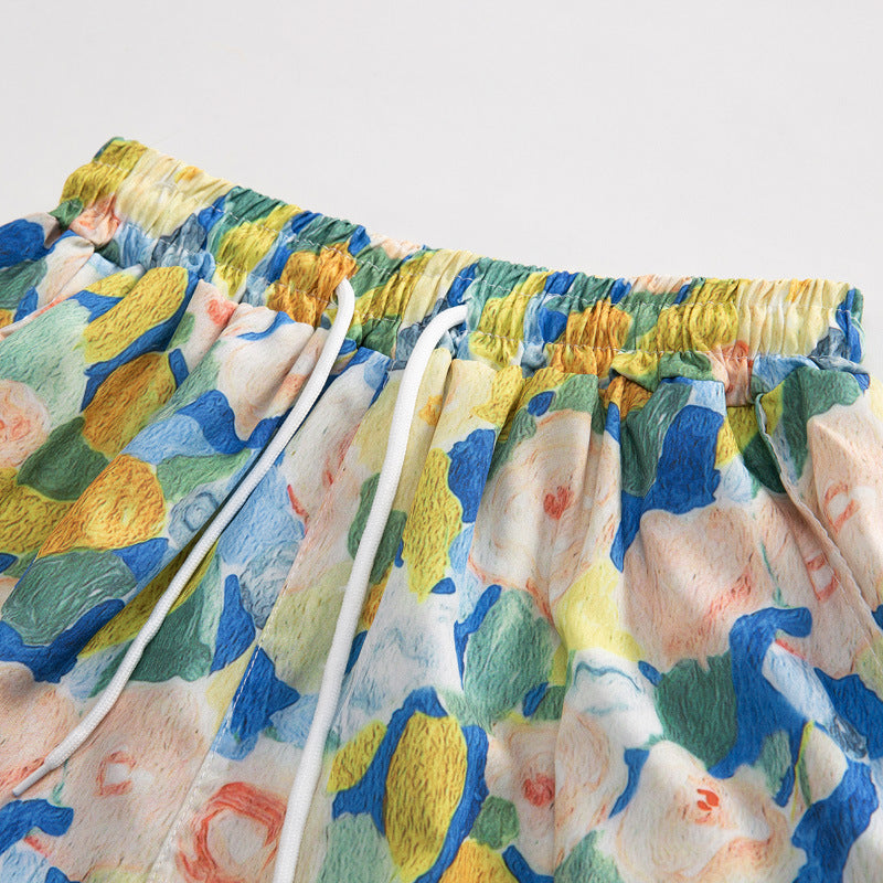 Ice Silk Quick Dry Couple Floral Loose Beach Shirt Shorts Set T3601-T3630