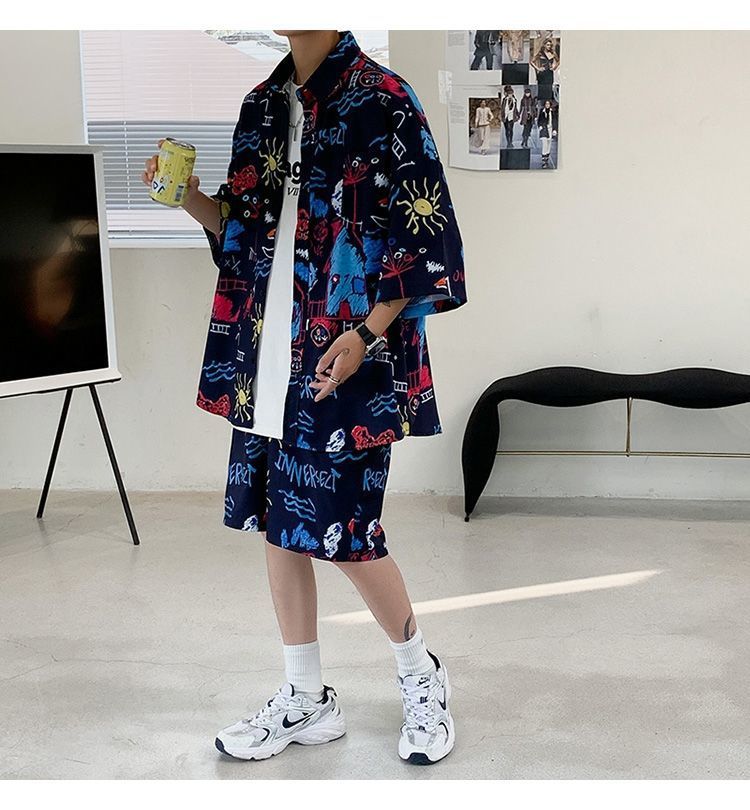 Couple Quick Dry Floral Loose Tropical Beach Shirt Shorts Set