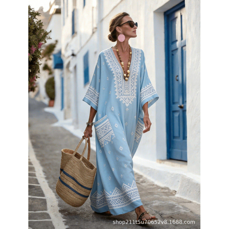 Women Boho Border Print V Neck Loose Kaftan Maxi Beach Dress