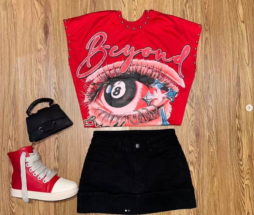 Vintage Letter Number Graphic Rivet Sleeveless Loose Vest Top Women
