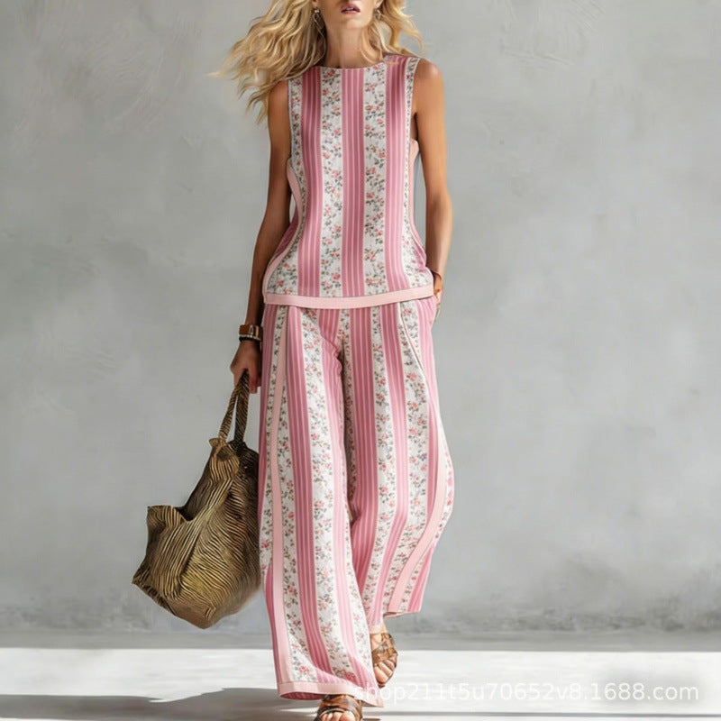 Boho Striped Floral Trim Sleeveless Wide Leg Two Piece Set