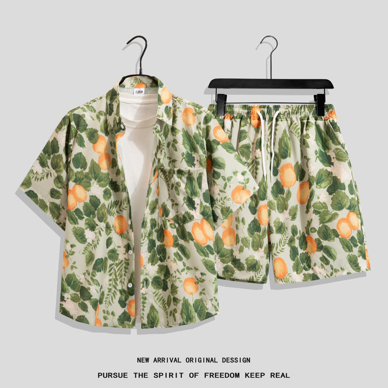 Ice Silk Quick Dry Couple Floral Loose Beach Shirt Shorts Set T3601-T3630