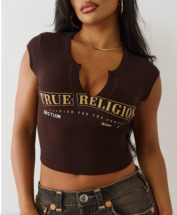 Y2K True Religion Letter Notch Neck Ribbed Crop Tank Top