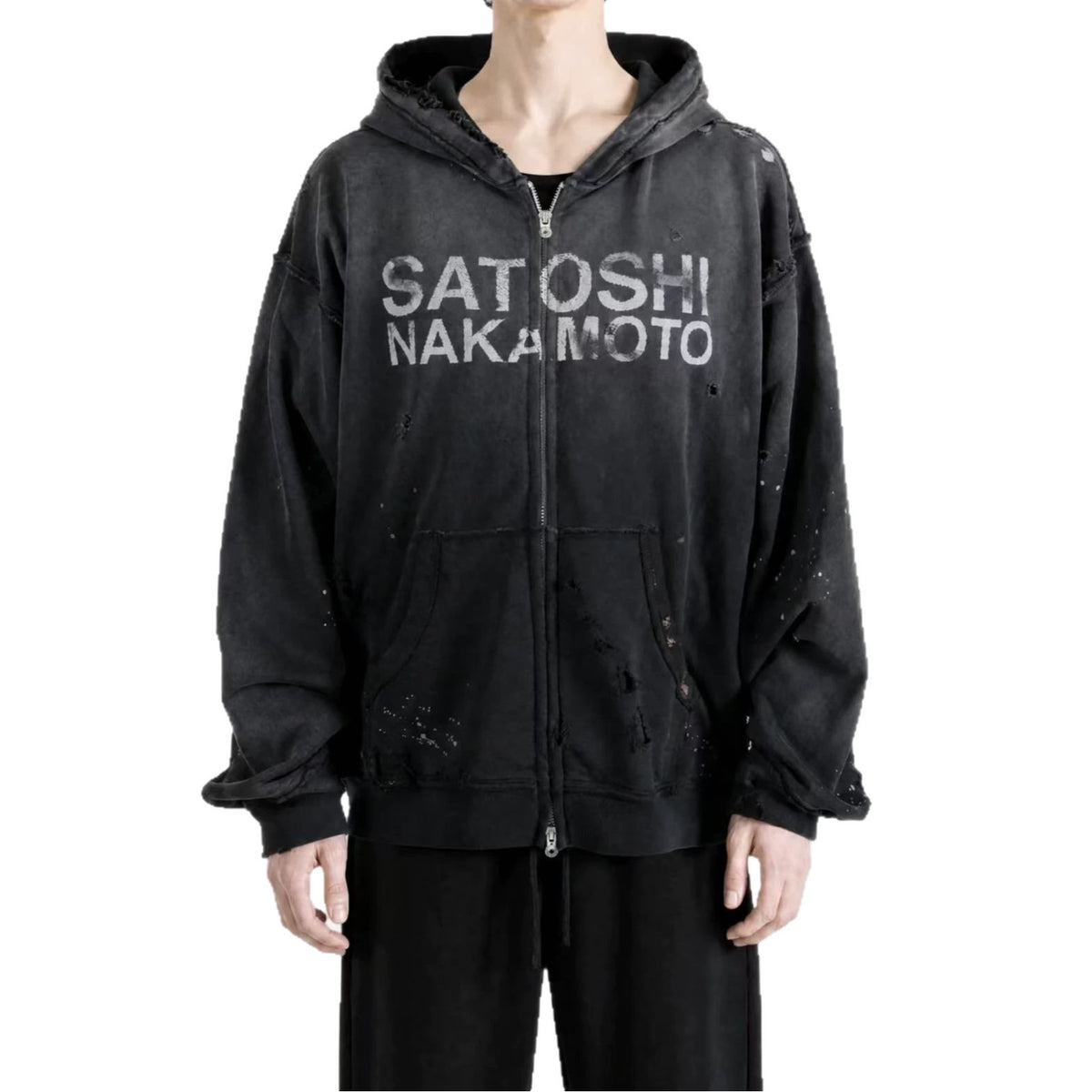 Satoshi Nakamoto Washed Distressed Zip Hoodie Splash Ink Street Jacket