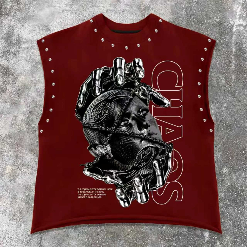 Vintage Letter Number Graphic Rivet Sleeveless Loose Vest Top Women