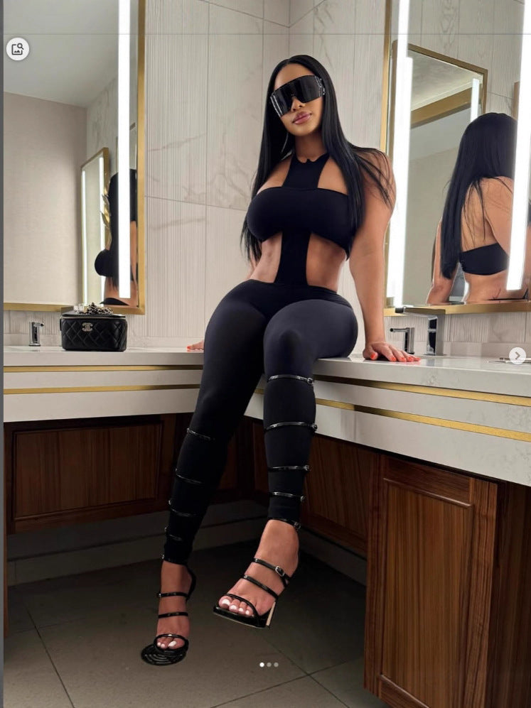 Cutout Halter Top High Waist Leggings 2 Piece Outfit Set