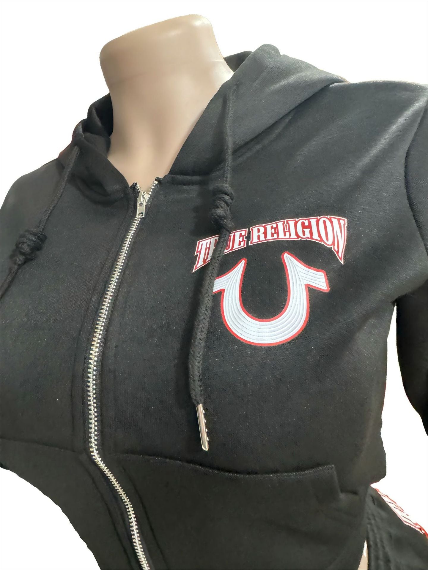 Y2K True Religion Horseshoe Logo Zip Crop Hoodie Straight Jogger 2 Piece Set