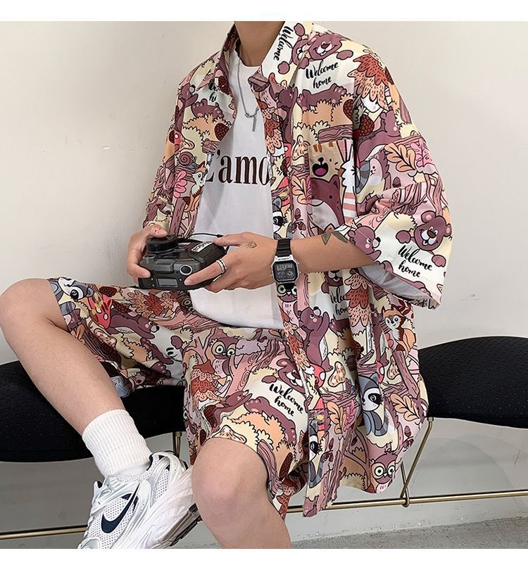 Couple Quick Dry Floral Loose Tropical Beach Shirt Shorts Set