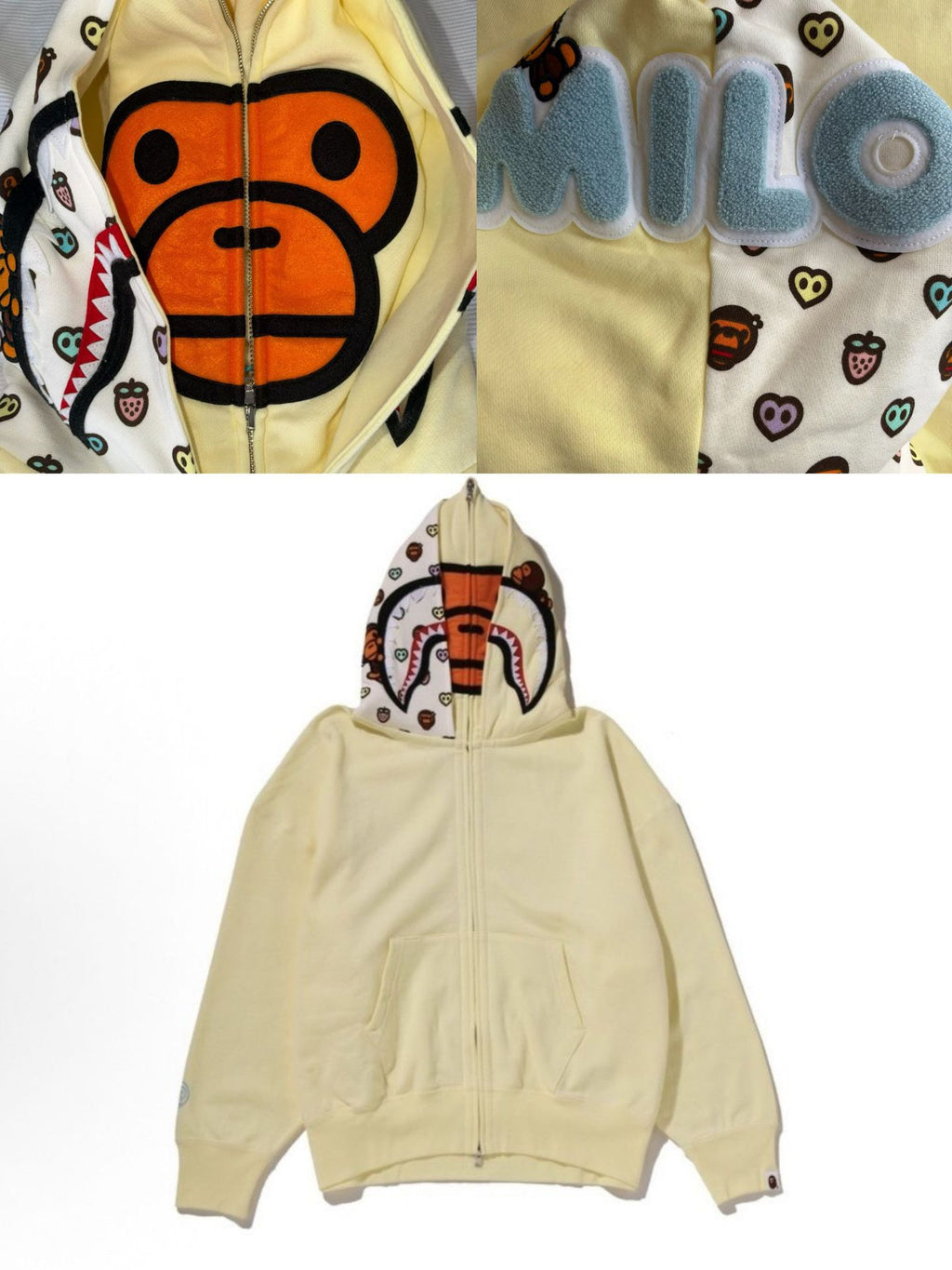 BAPE Baby Milo Shark Double-Hood Full-Zip Hoodie - Cream Yellow