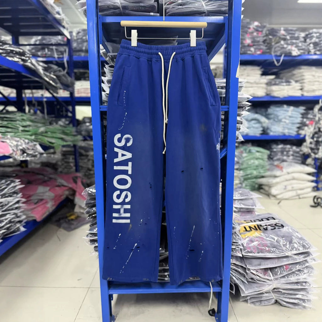 Satoshi Nakamoto Washed Distressed Splash Paint Wide Leg Sweatpants
